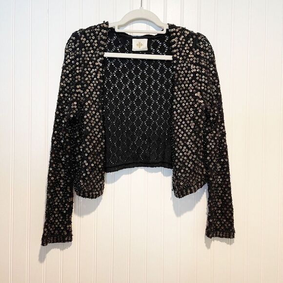 Anthropologie Sweaters - Anthropologie Monogram Sequined Shrug Cardigan Open Weave Angora Cotton Small
